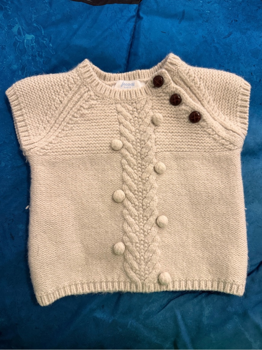 Jacadi Cream Cable-Knit Bobble Sweater Vest with Shoulder Buttons Wool Blend
